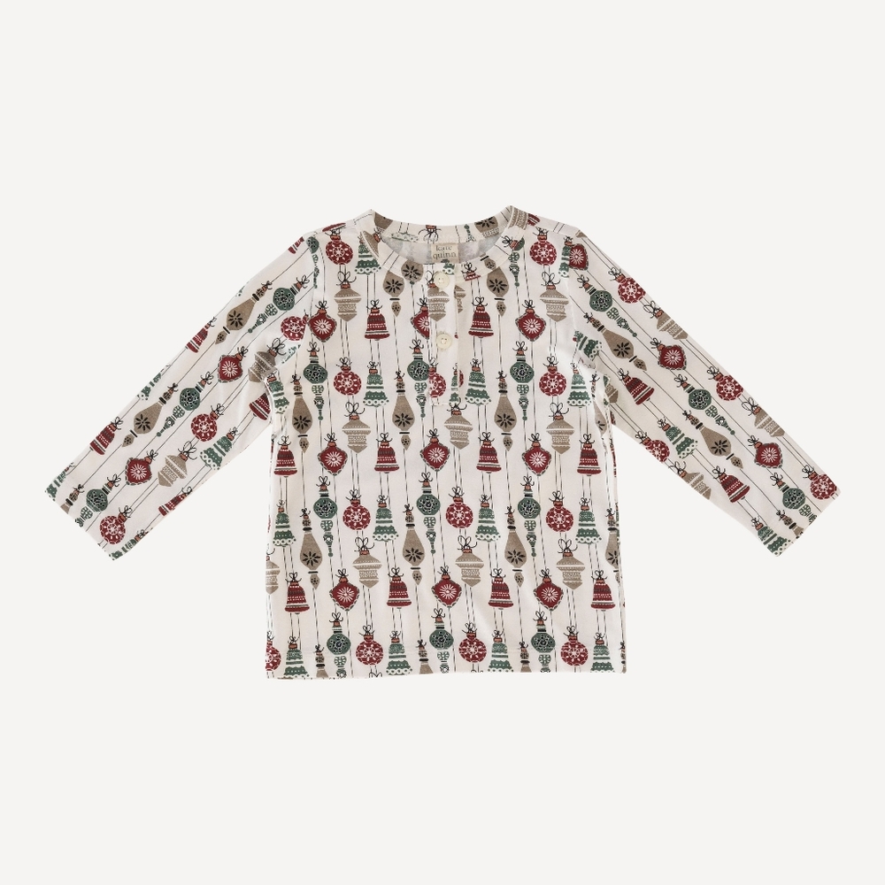 NWT 7Y Kate Quinn Long Sleeve Basic Henley Tee Vintage Ornaments Bamboo Holiday